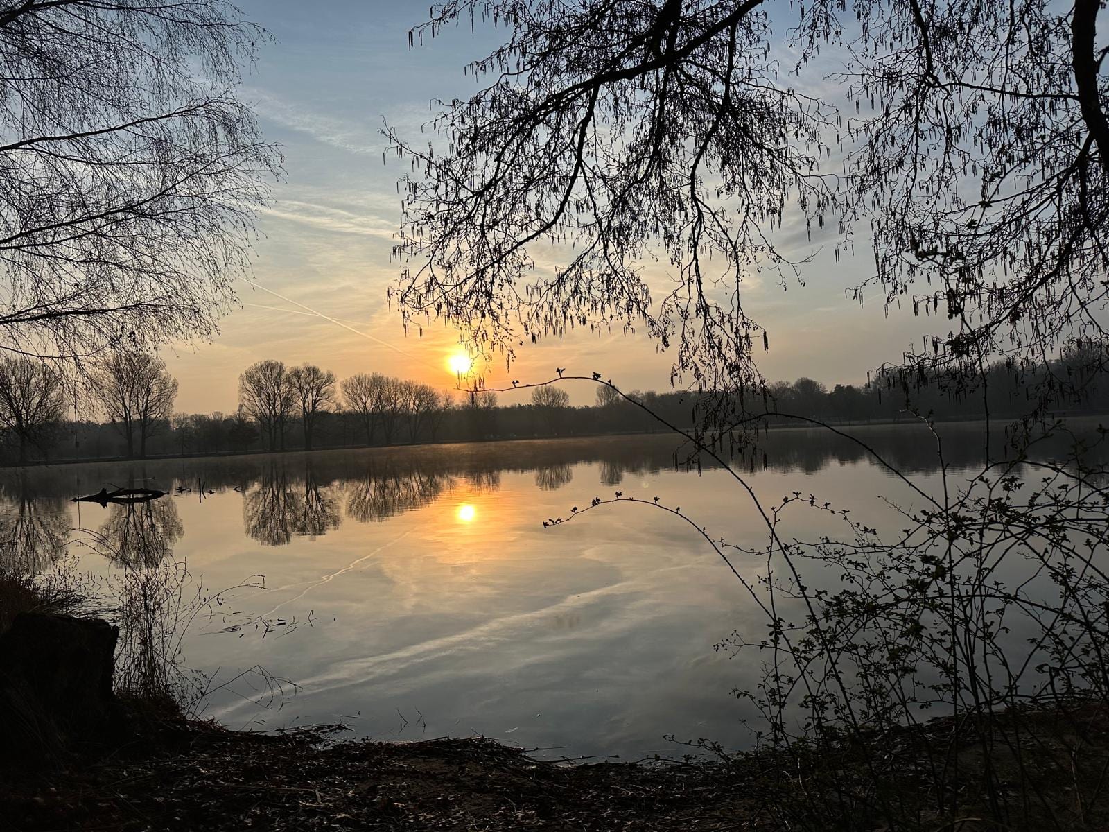 Tief stehende Sonne über einem stillen See, das Licht spiegelt sich im Wasser, kahle Zweige rahmen das Bild